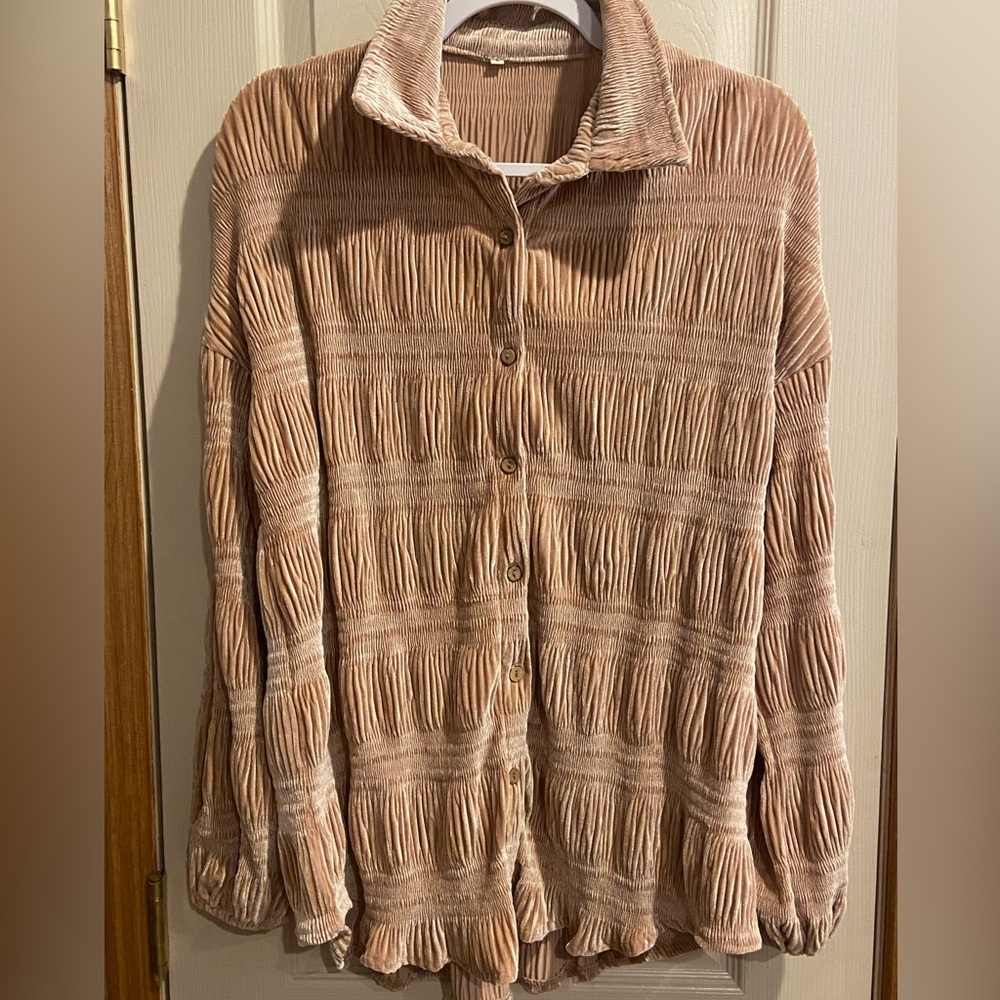 Womens blush pink shirred velvet top